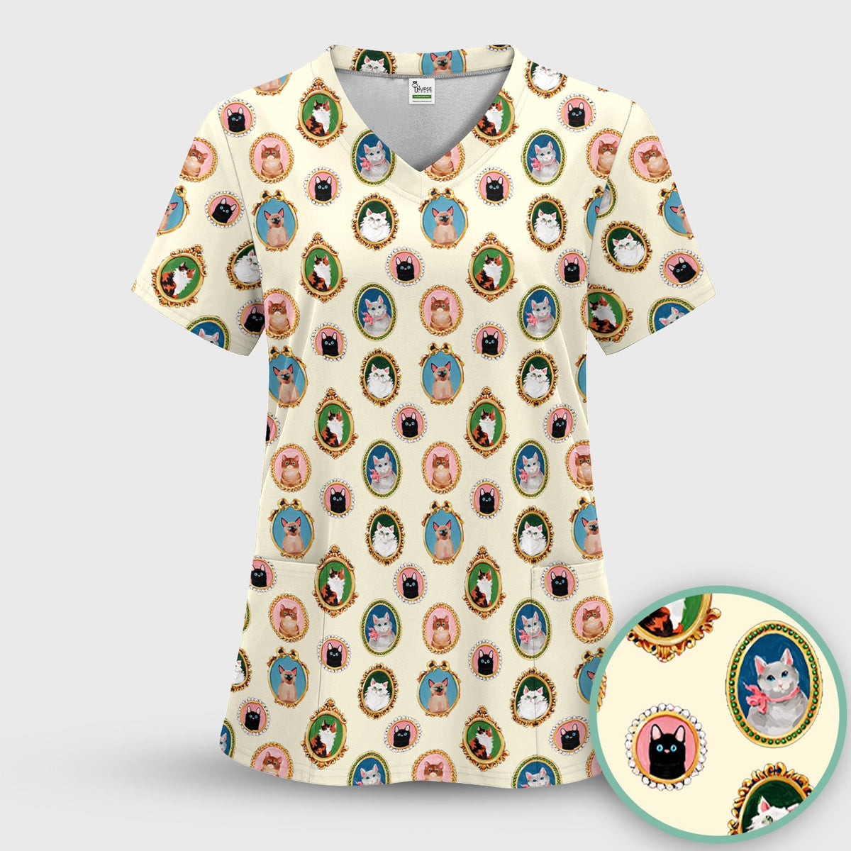 Vintage Cat Portrait Nurse Scrub Set