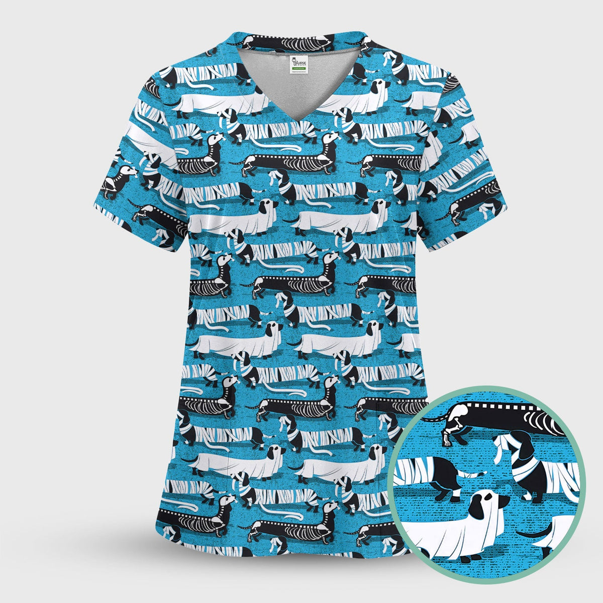 Halloween Dachshund Scrub Top - Funny Dog Skeleton Scrub Shirt Multi Color - Cute Halloween Scrubs Gift for Nurse, CNA, RN, Doctor
