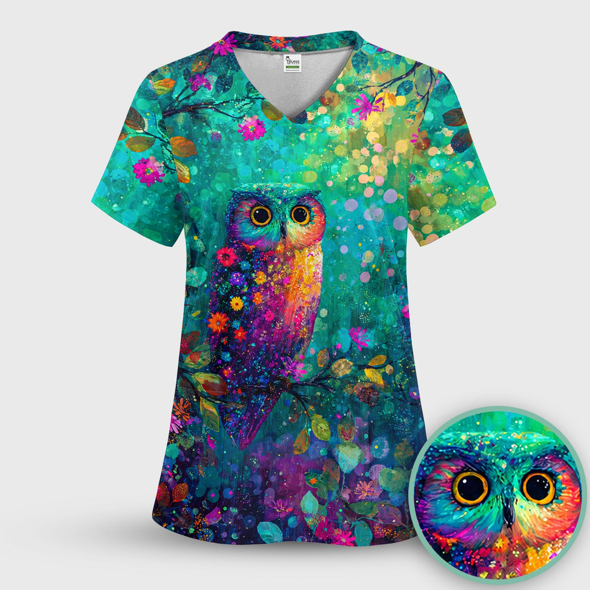 Colorful Owl Forest Nurse Scrub Top