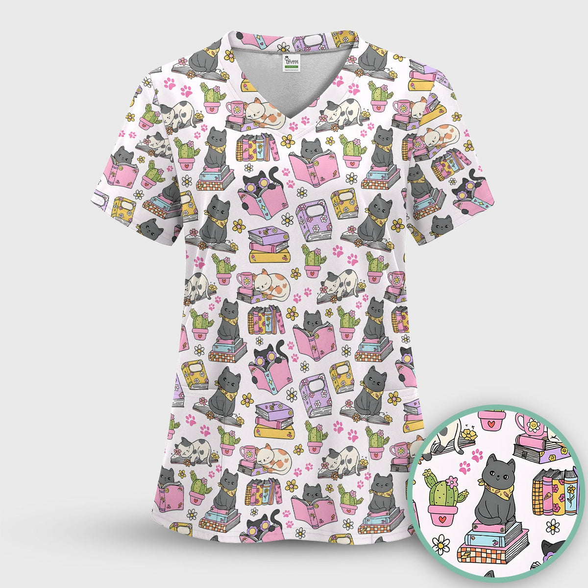 Cat Book Cactus Nurse Scrub Top