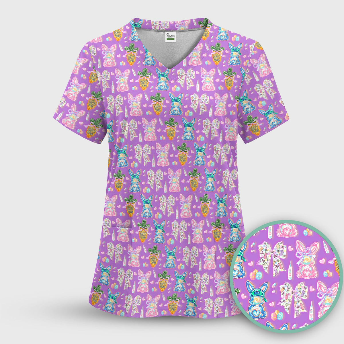 Bunny Carrot Bow Nurse Scrub Top - Easter Gift