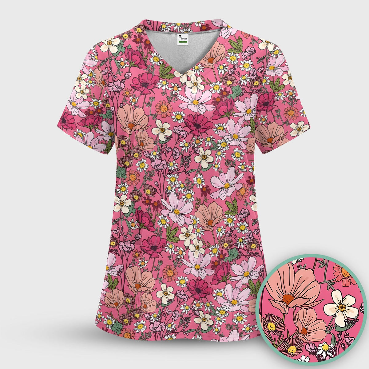 Pink Daisy Wildflower Nurse Scrub Set