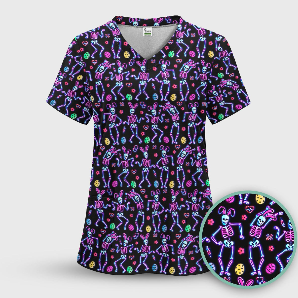 Neon Easter Skeleton Print Scrub Set, Scrub Pants and V Neck Top
