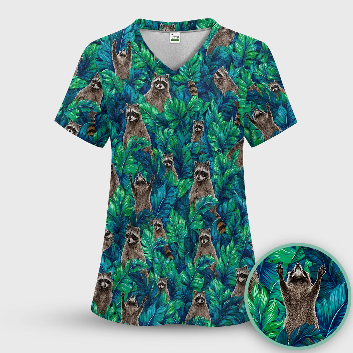 Tropical Raccoon Jungle Leaves Nurse Scrub Top