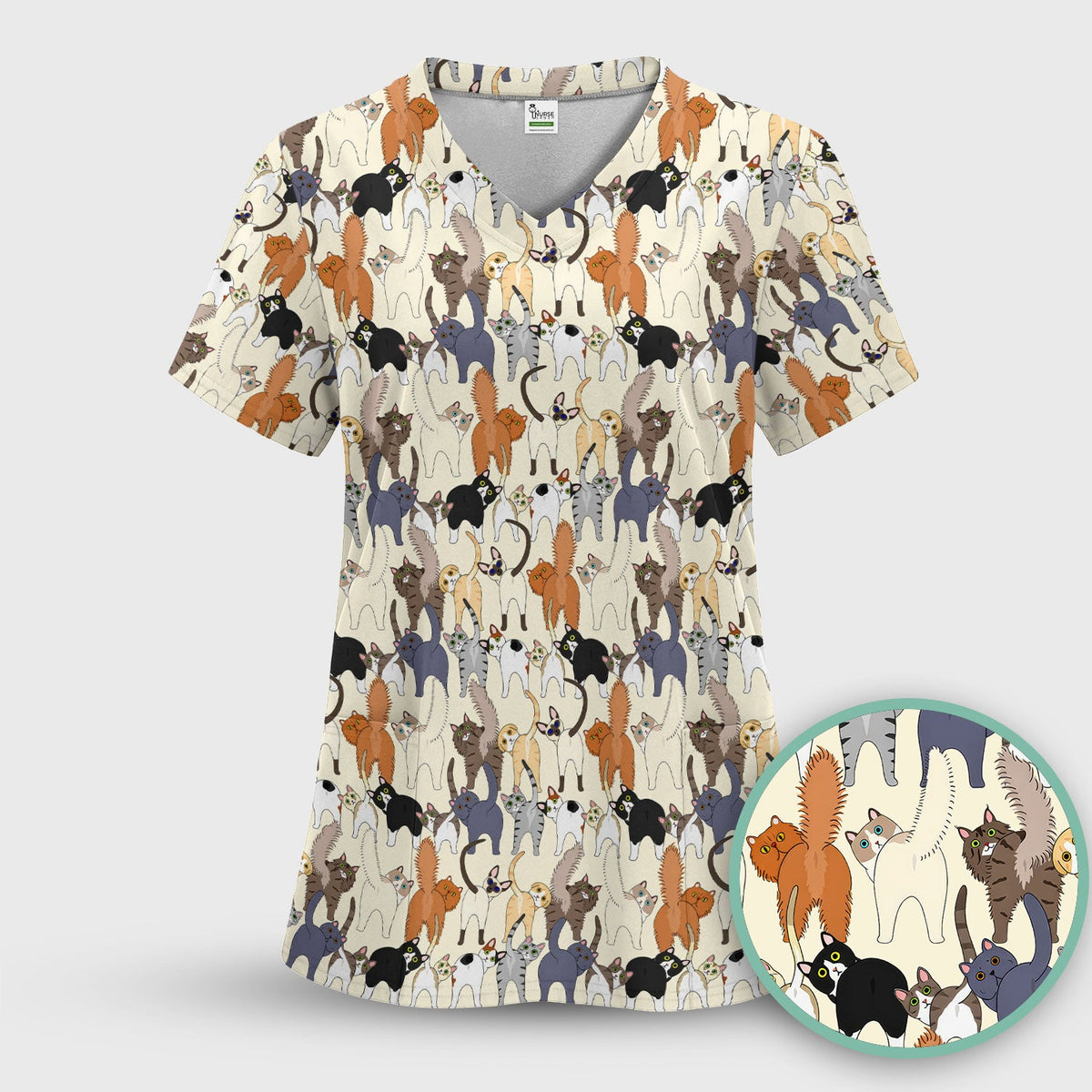 Whimsical Multicolor Cat Cartoon Nurse Scrub Top