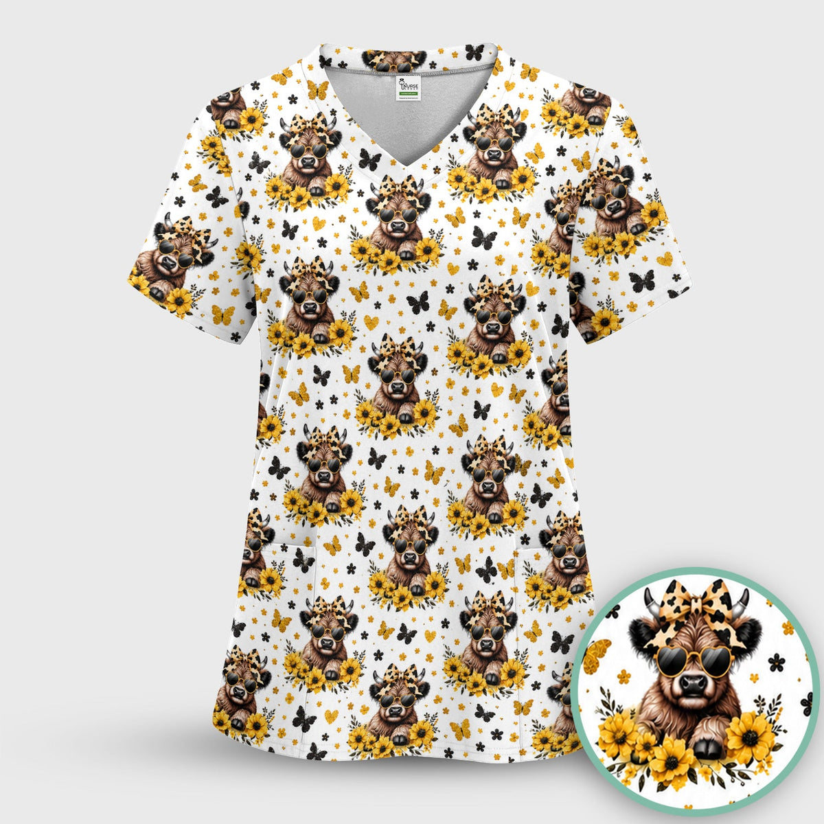 Sassy Highland Cow Sunflower Nurse Scrub Set