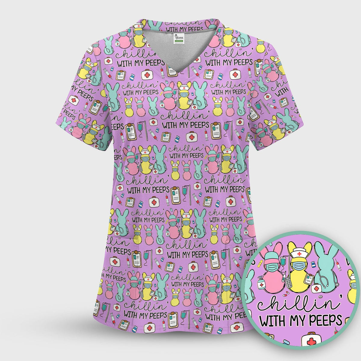 Bunny Nurse Chillin With My Peeps Scrub Top - Easter Gift