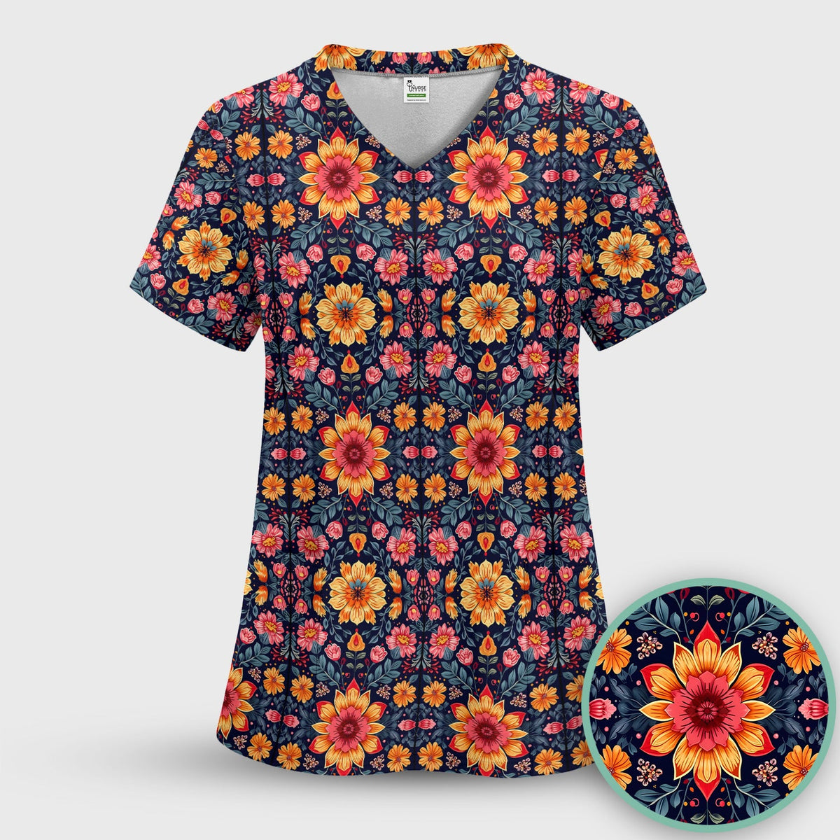 Elegant Dark Floral Nurse Scrub Top
