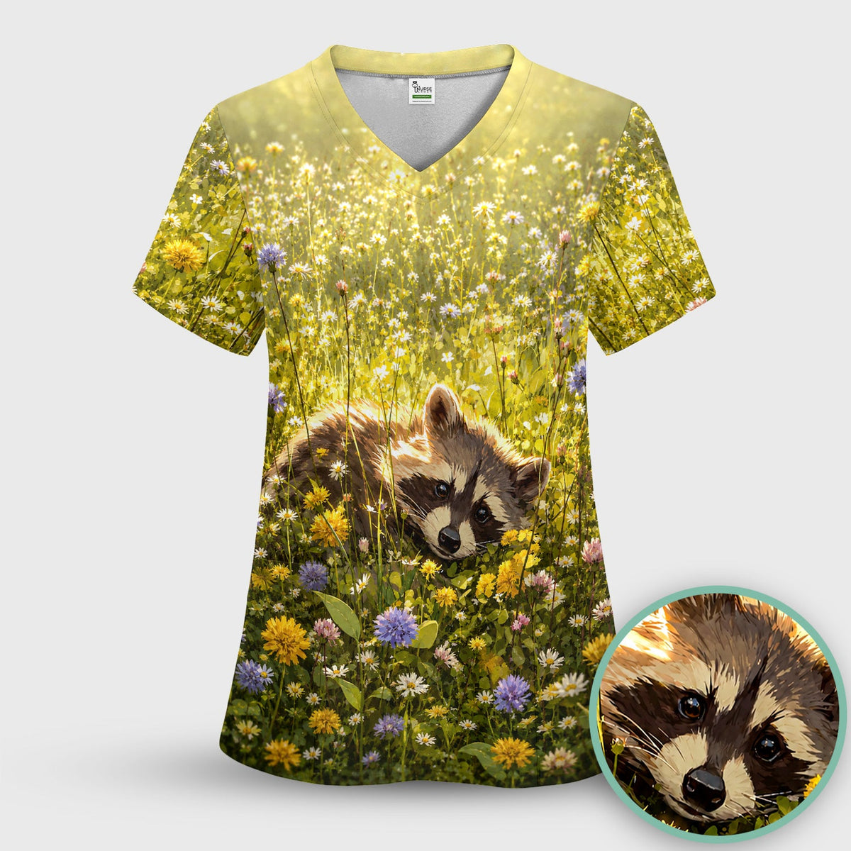 Meadow Raccoon Wildflower Garden Nurse Scrub Top