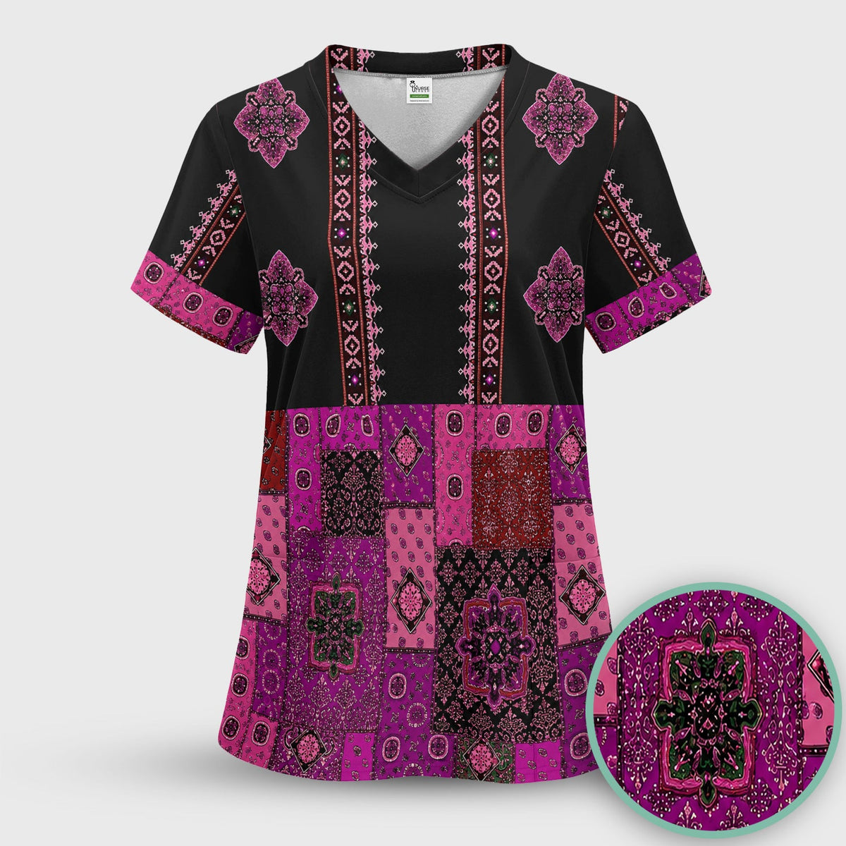 Boho Pink Bandana Patchwork Nurse Scrub Top