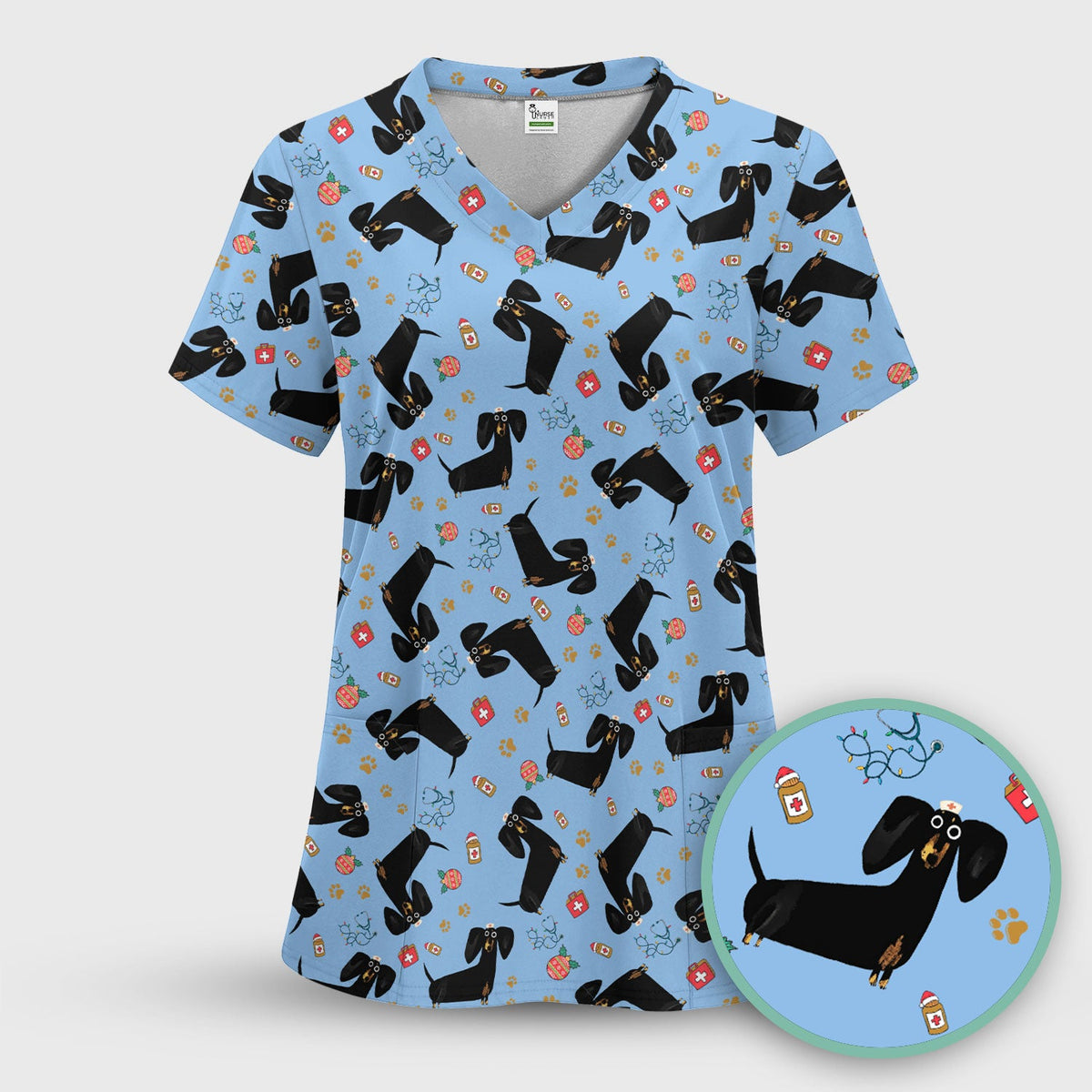 Black Dachshund Nurse Scrub Top - Gift For Dog Lover