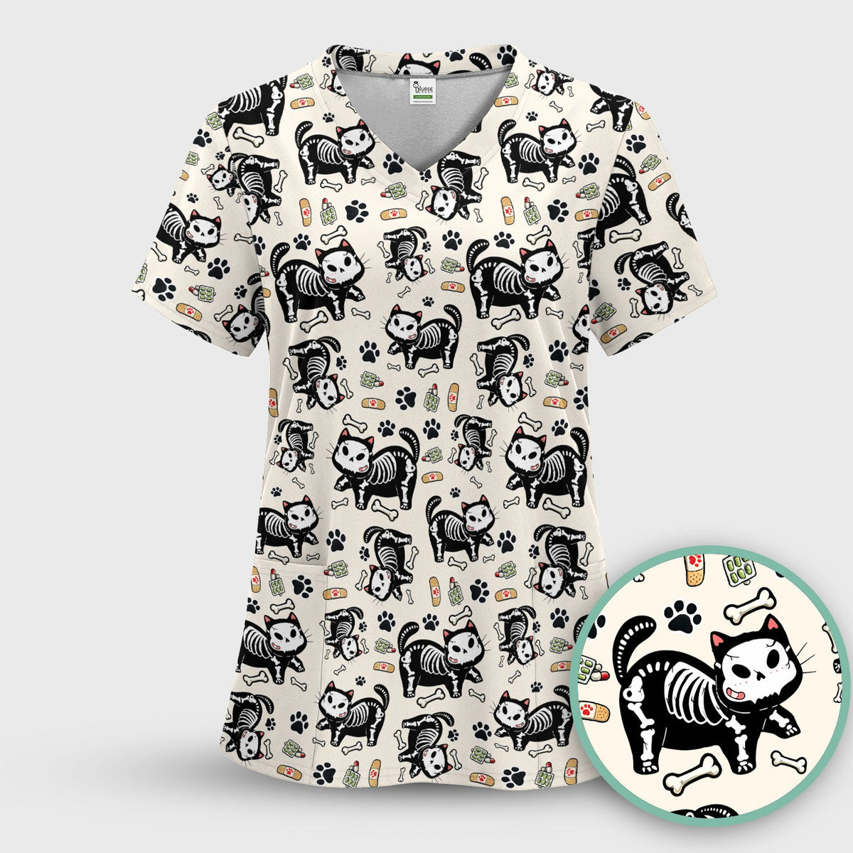 Skeleton Cat Medical Pattern Scrub Top, Comfortable Scrubs for Nurses