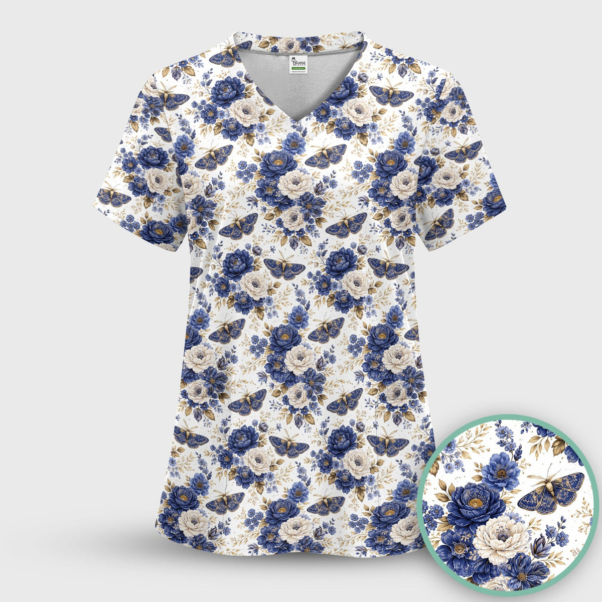 Cute Blue Floral Moth Nurse Scrub Top