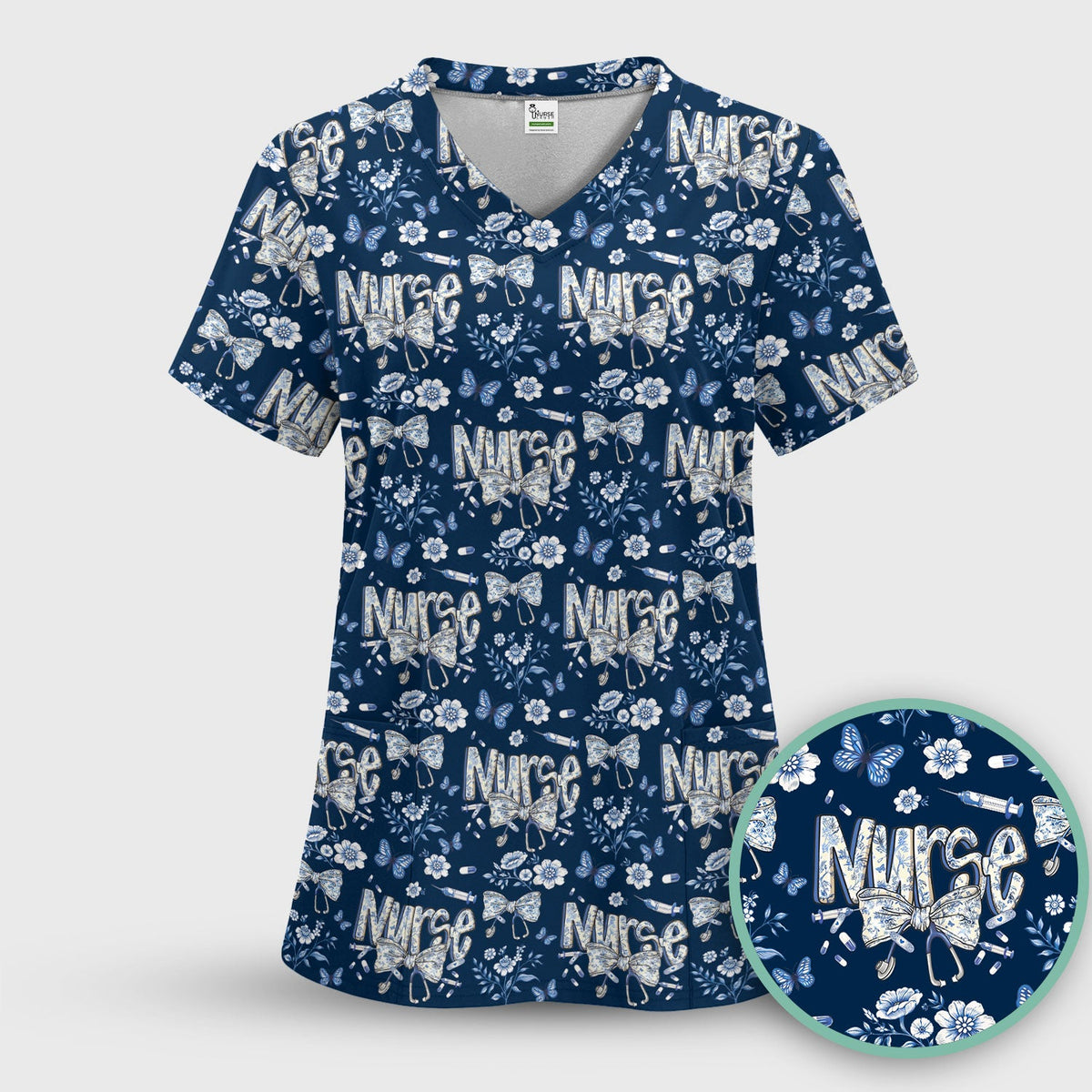 Blue Nurse Bow Butterfly Floral Scrub Set