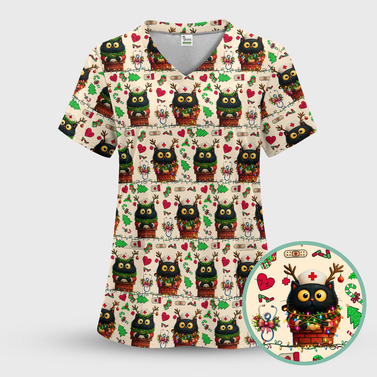 Reindeer Cat Christmas Lights Nurse Scrub Top