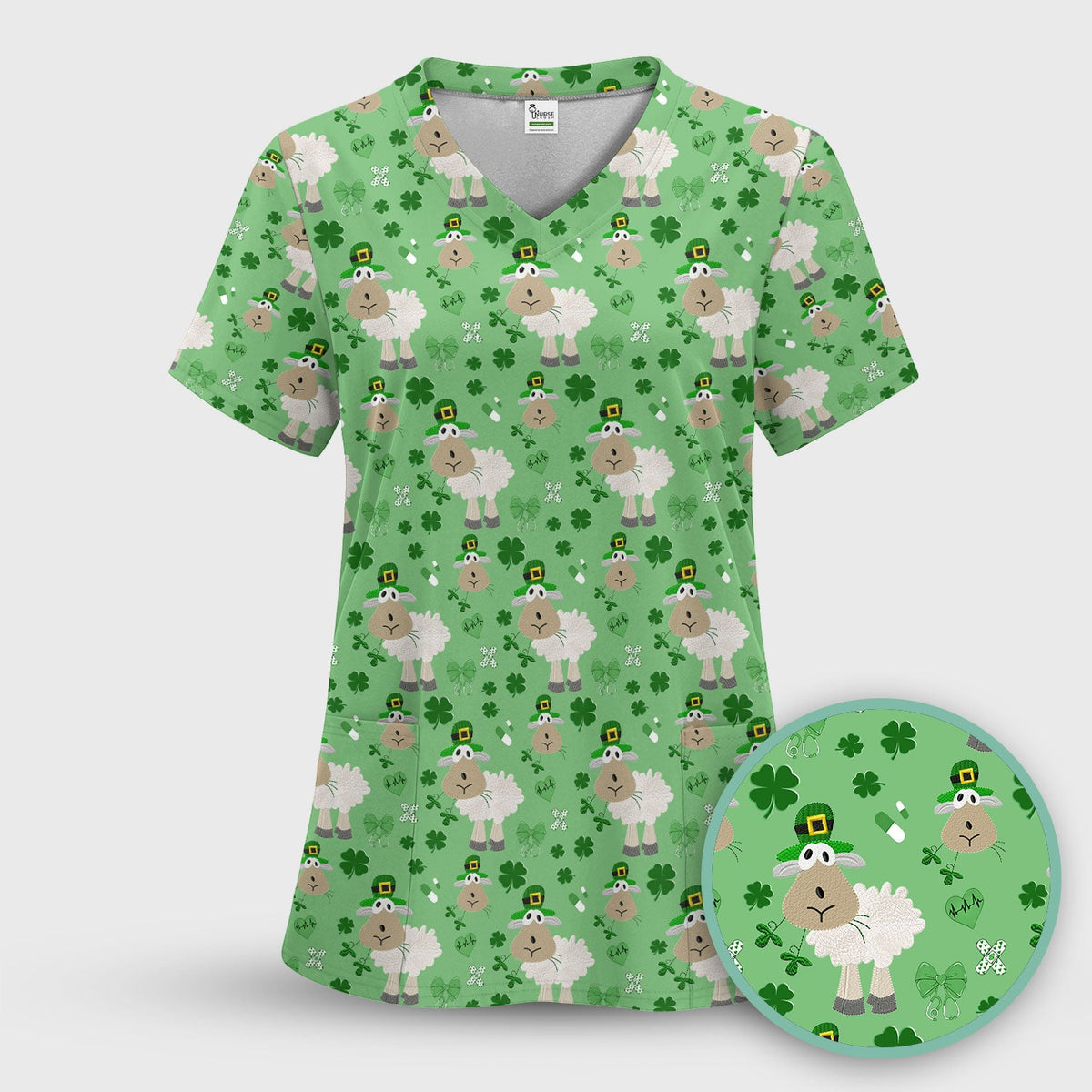 Nurse St. Patrick's Day Scrubs Top, Cute Sheep Shamrock Pattern Nurse Shirt, Breathable Fabrics Nursing Uniform