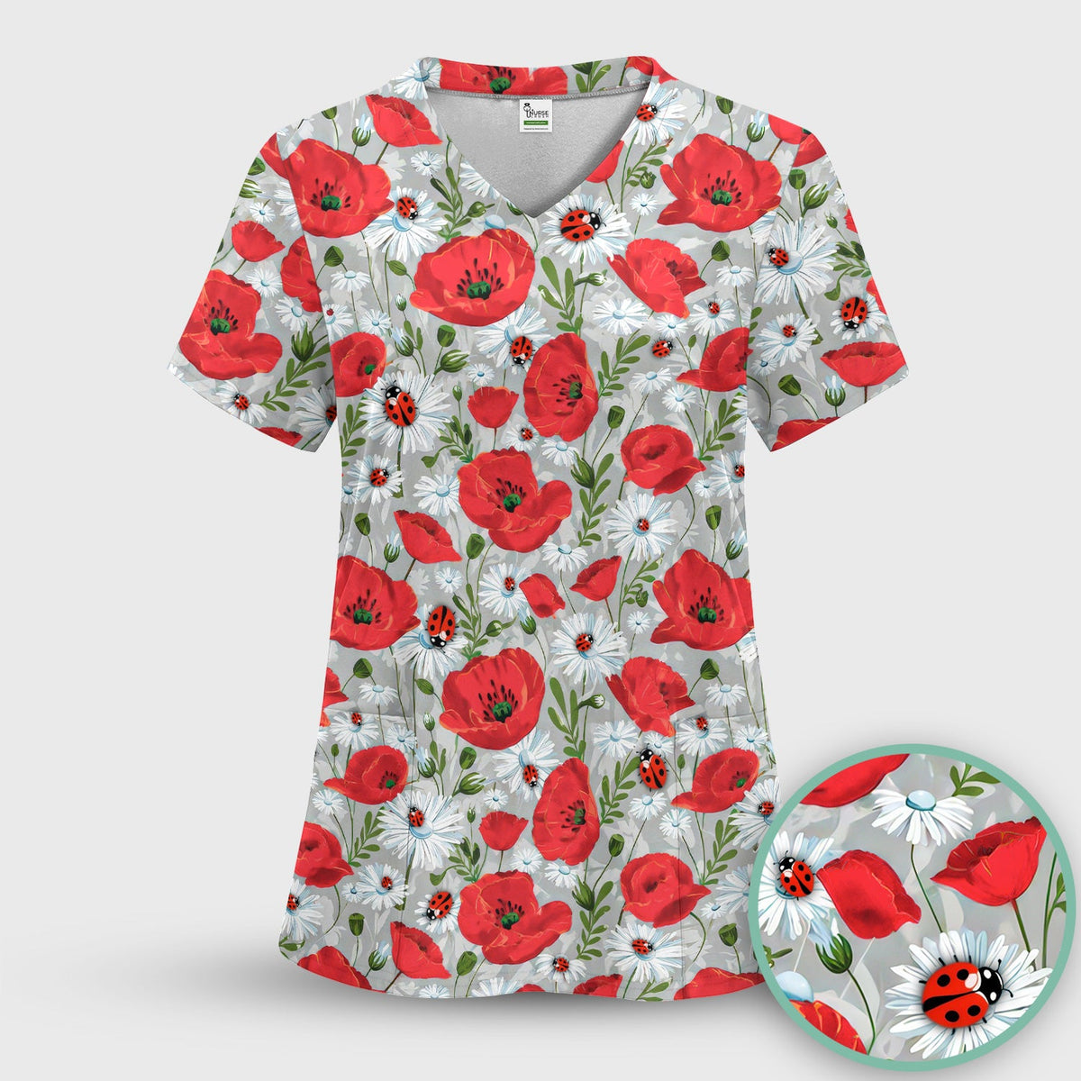 Red Poppy Daisy Ladybug Nurse Scrub Top