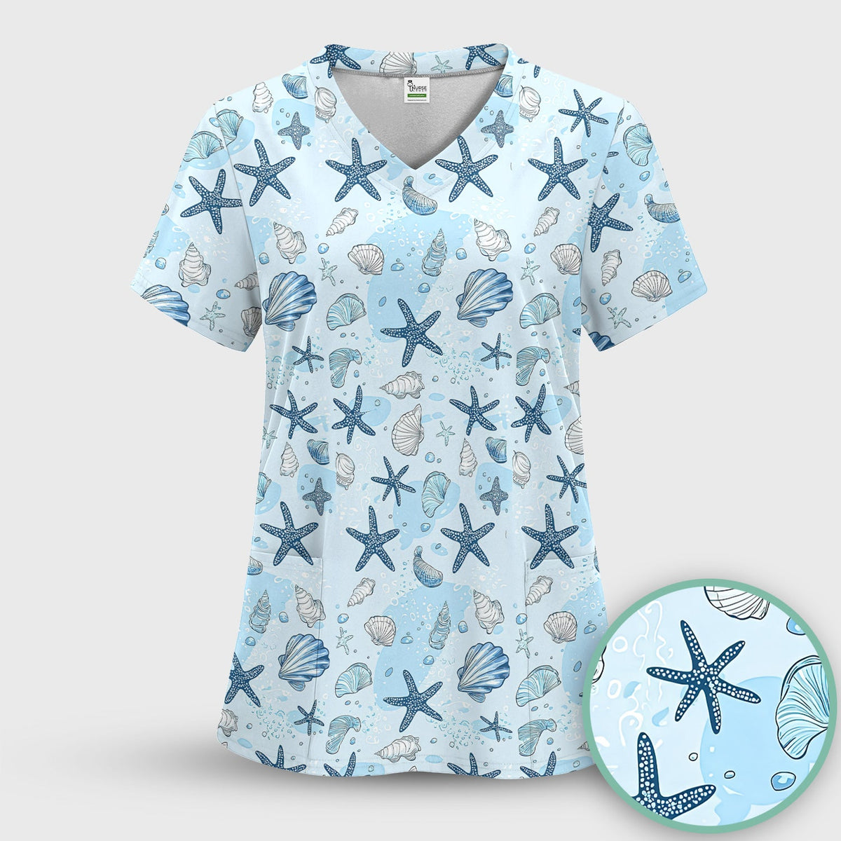 Ocean Shell And Starfish Print Scrub Top, Breathable Fabrics Nursing Uniform
