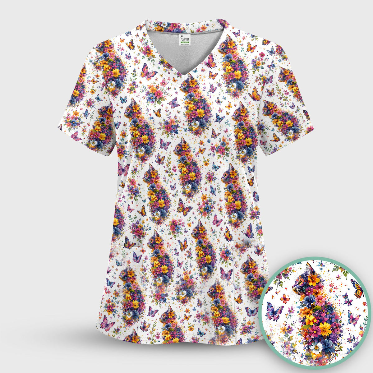 Floral Cat Butterfly Nurse Scrub Top