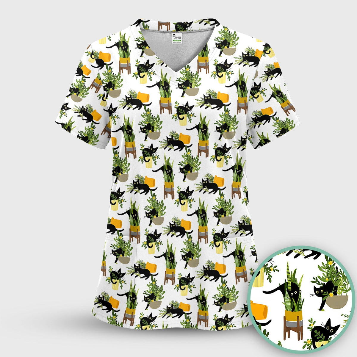 Black Cat Plant Pots Nurse Scrub Top
