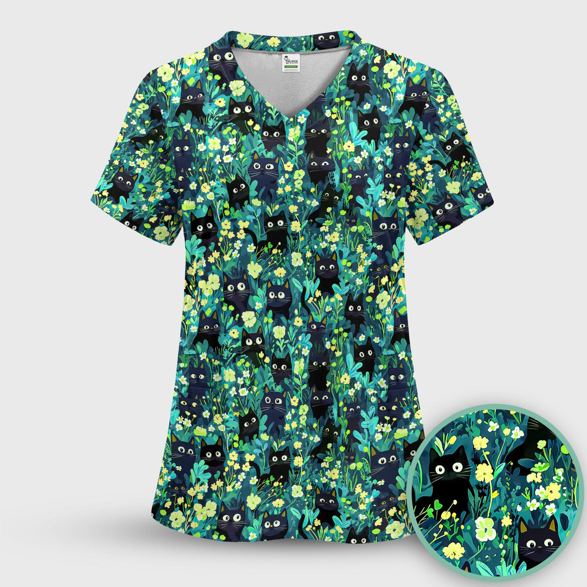 Black Cat Floral Nurse Scrub Set