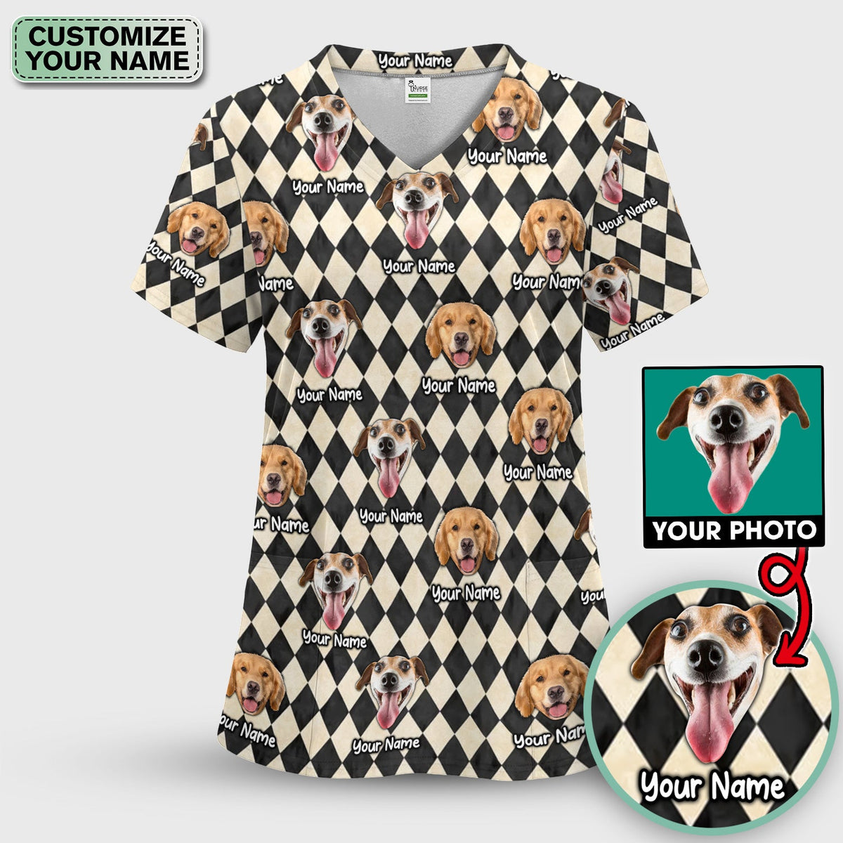 Personalized Pet Portrait Argyle Nurse Scrub Set