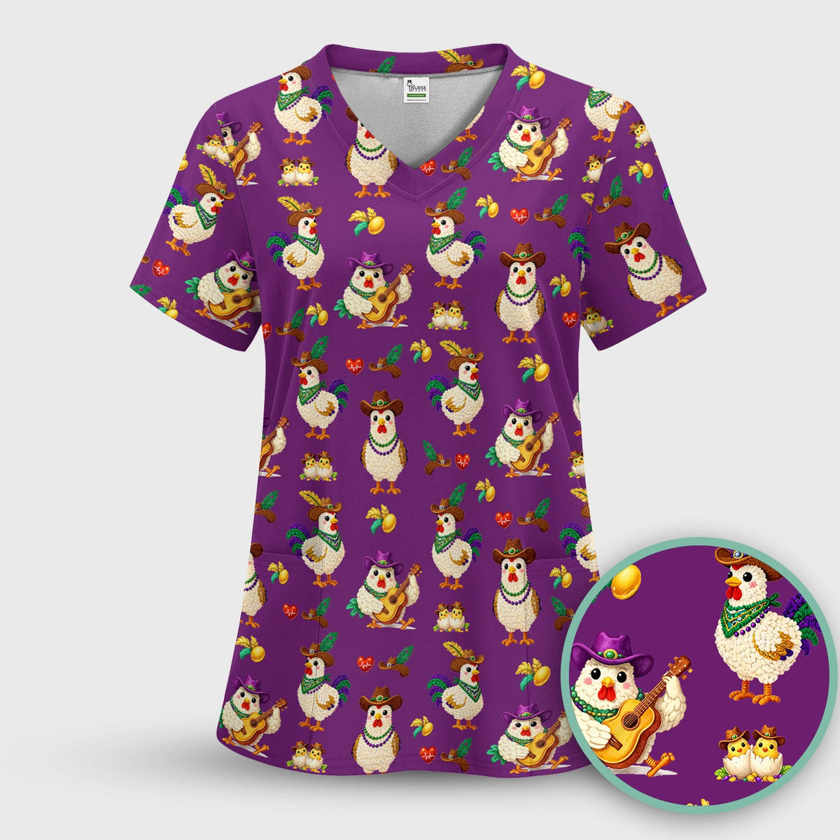 Mardi Gras Rooster Cowboy Nurse Scrub Set