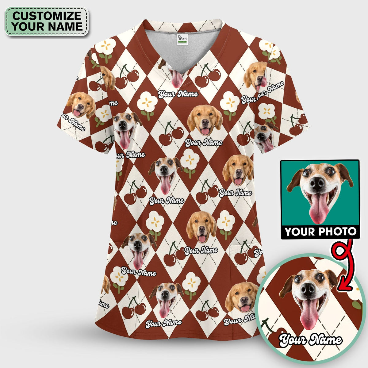 Dog Face Cherry Argyle Nurse Scrub Top