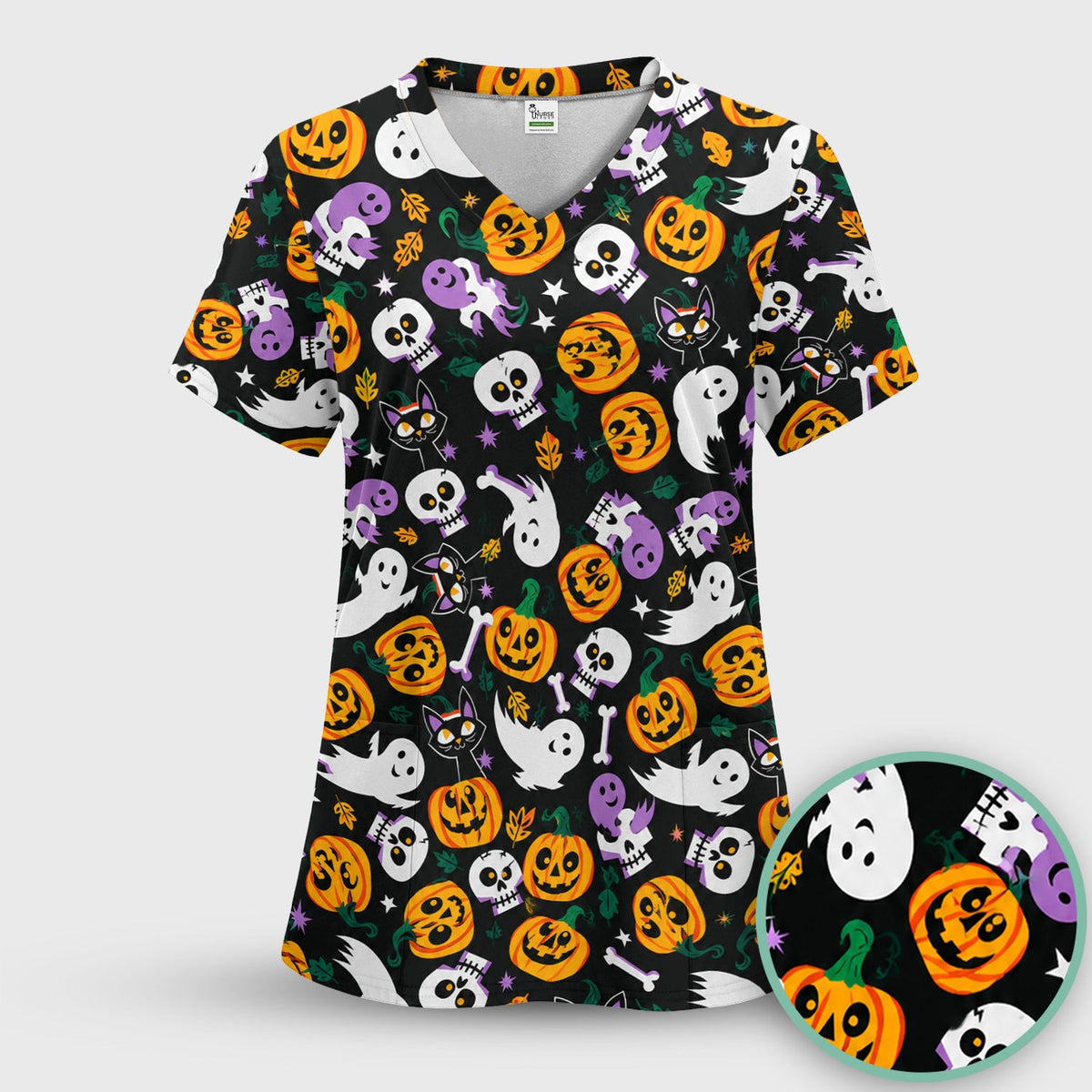 Spooky Pumpkin Ghost Print Nurse Scrub Set