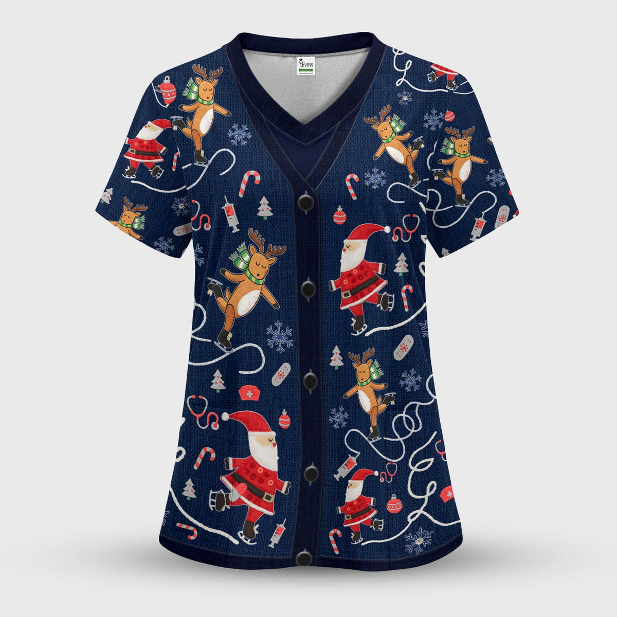 Christmas Reindeer Santa Nurse Scrub Top, Cute Holiday Medical Uniform Shirt for Women