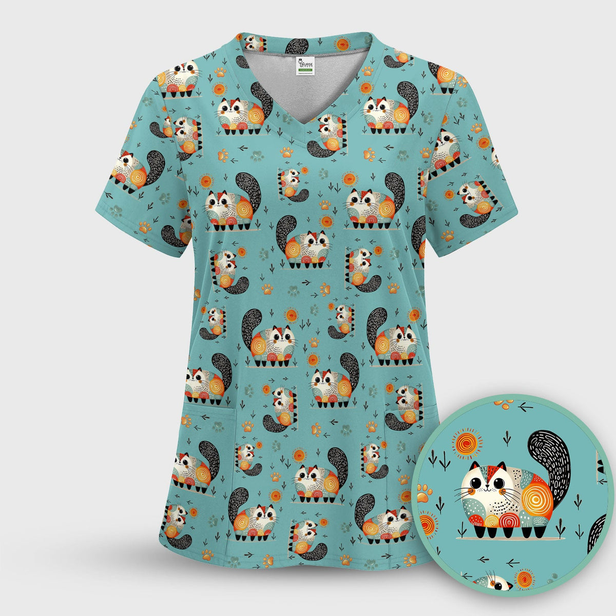 Cat Illustration Nurse Scrub Top