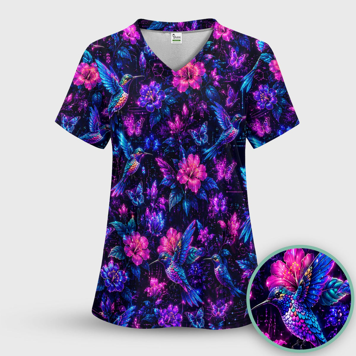 Neon Hummingbird Butterfly Bloom Nurse Scrub Set