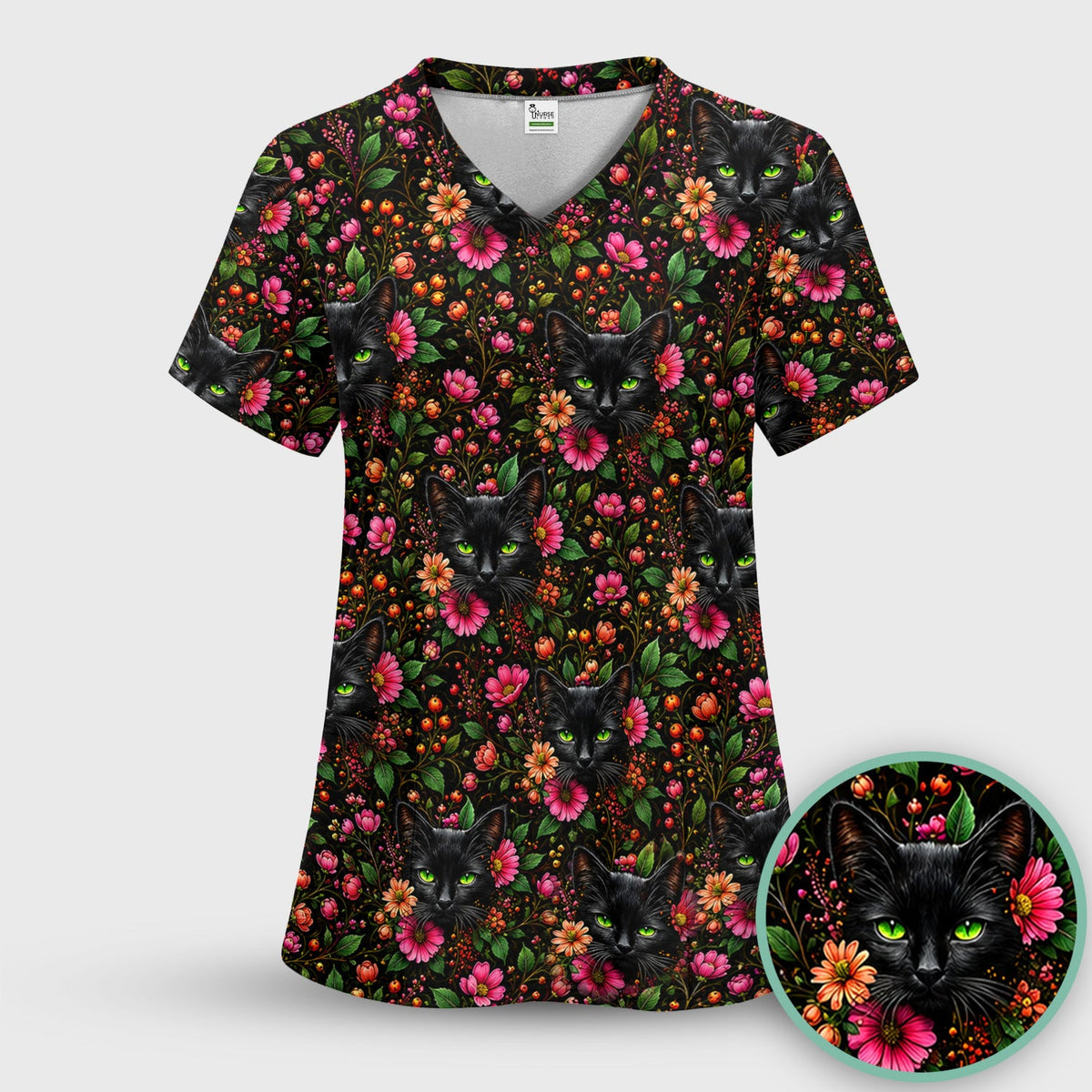 Adorable Black Cat Blossom Nurse Scrub Top