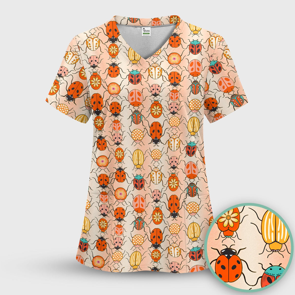 Ladybug Beetle Floral Nurse Scrub Top