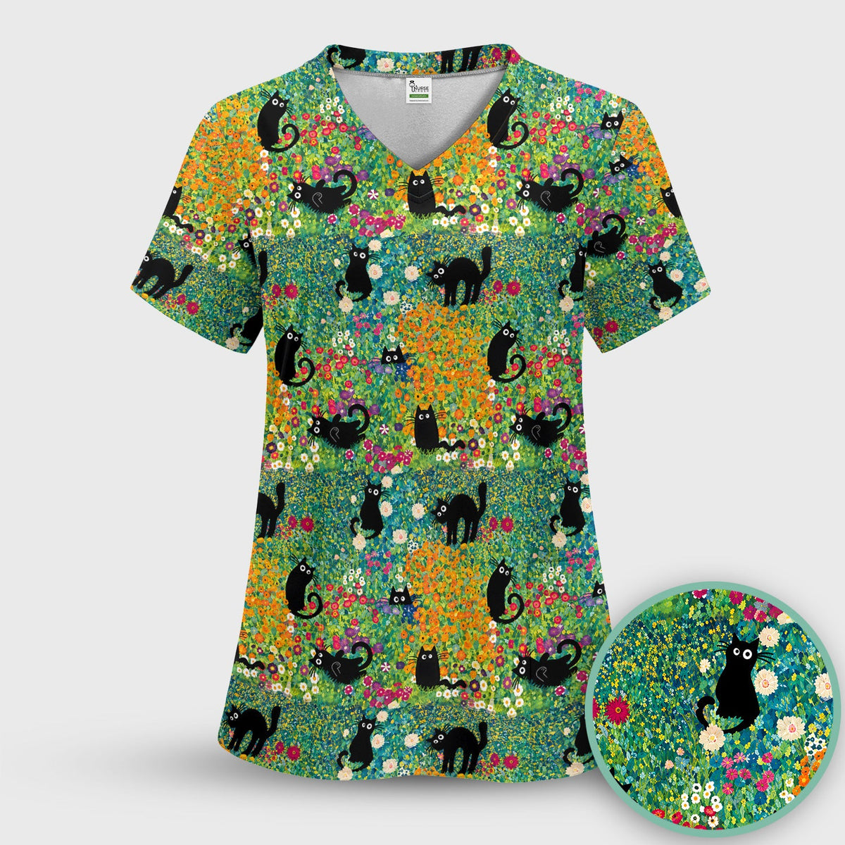 Black Cat Flower Garden Nurse Scrub Set