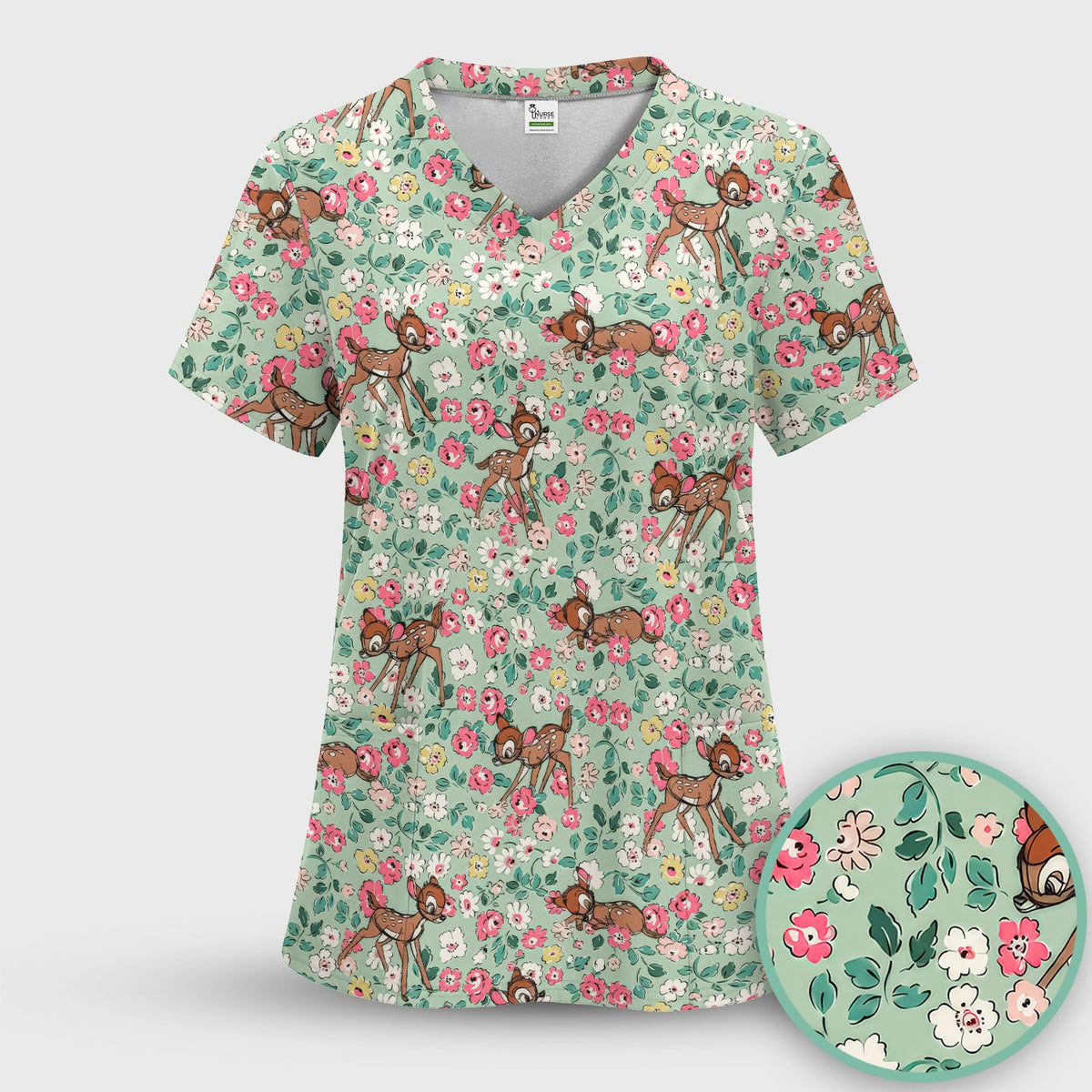 Cute Baby Deer Floral Nurse Scrub Top