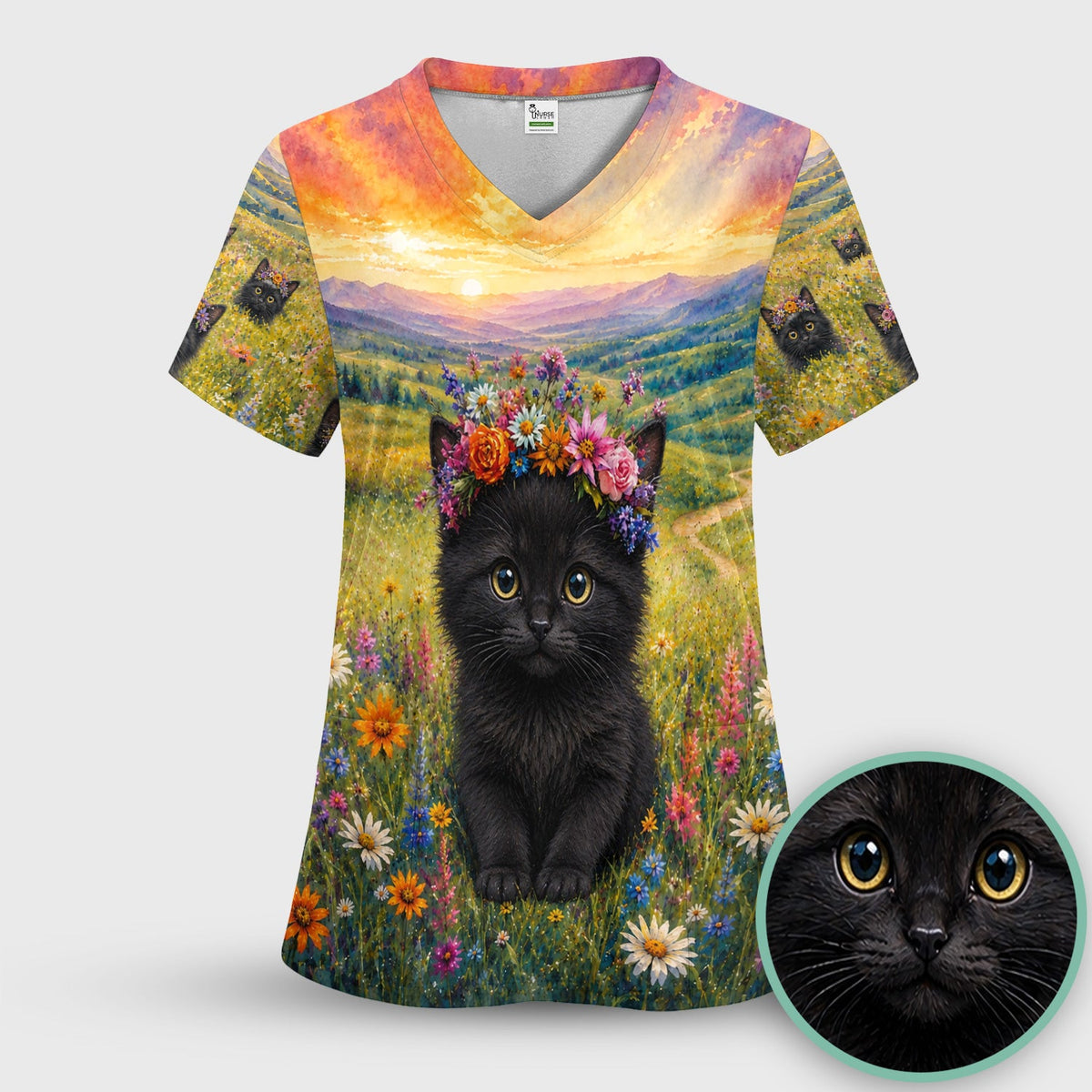 Black Kitten Flower Meadow Nurse Scrub Set