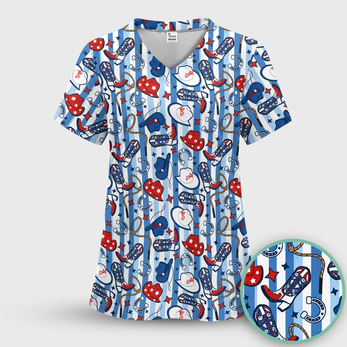 Western Cowboy Boots Hats Nurse Scrub Top