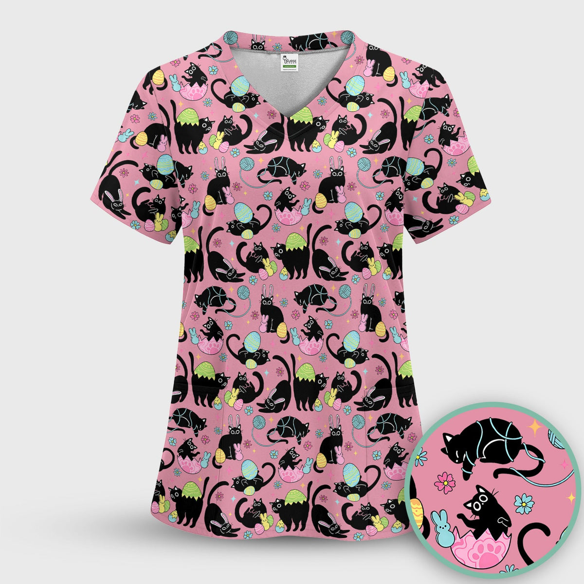 Black Cat Egg Nurse Scrub Top - Easter Gift