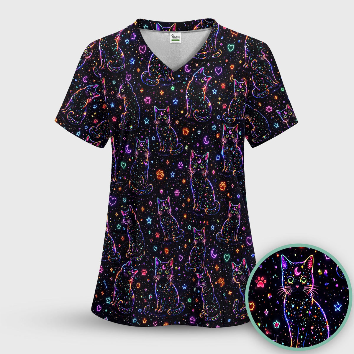 Mystical Cosmic Moon Cat Nurse Scrub Top