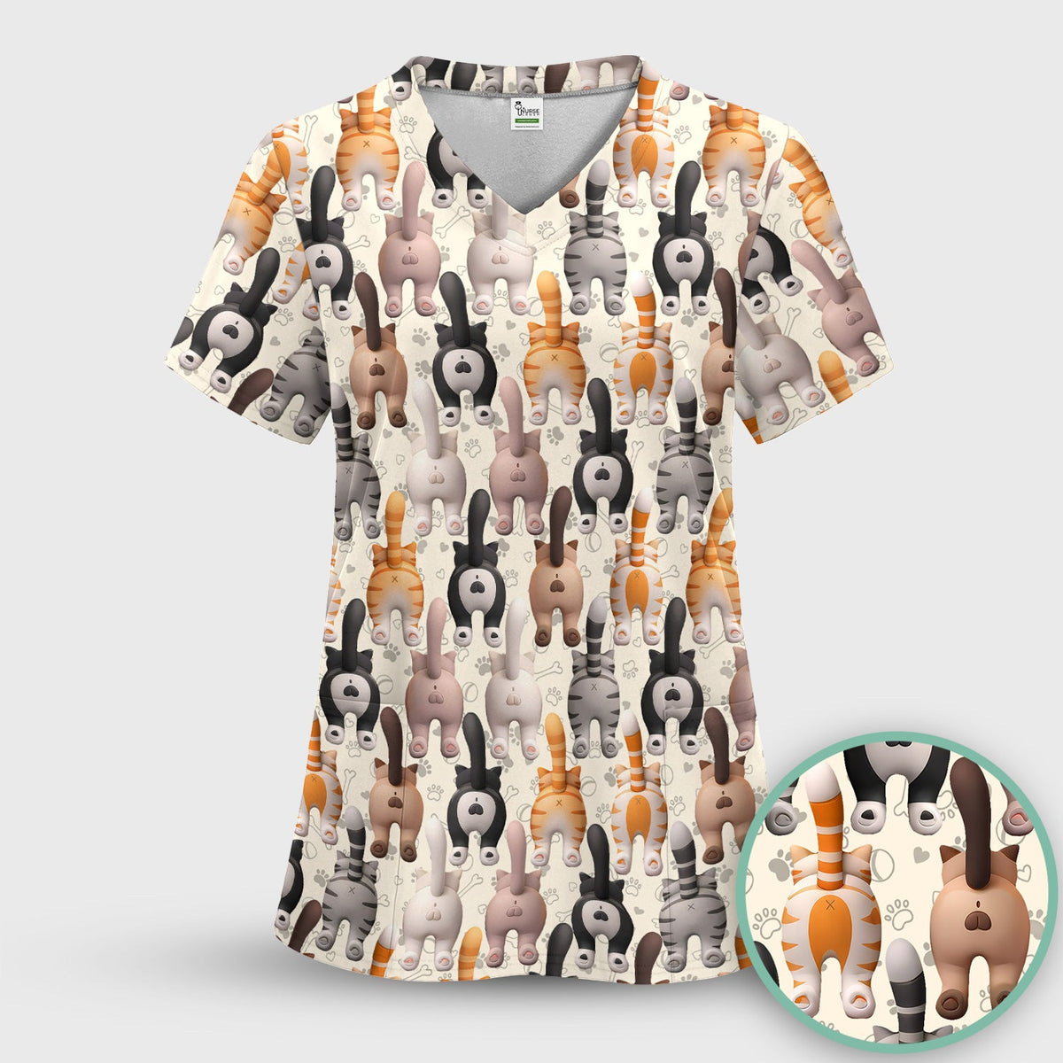 Cat Butt Paw Print Nurse Scrub Top