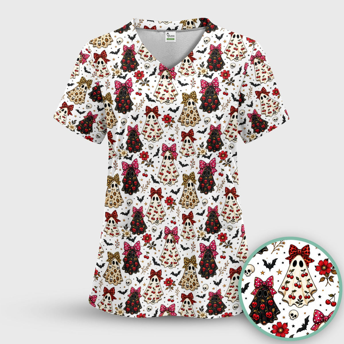 Spooky Ghost Pattern Nurse Scrub Set