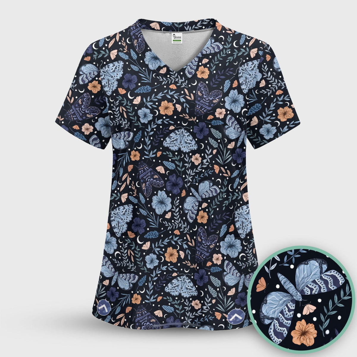 Night Moth Butterfly Floral Nurse Scrub Top