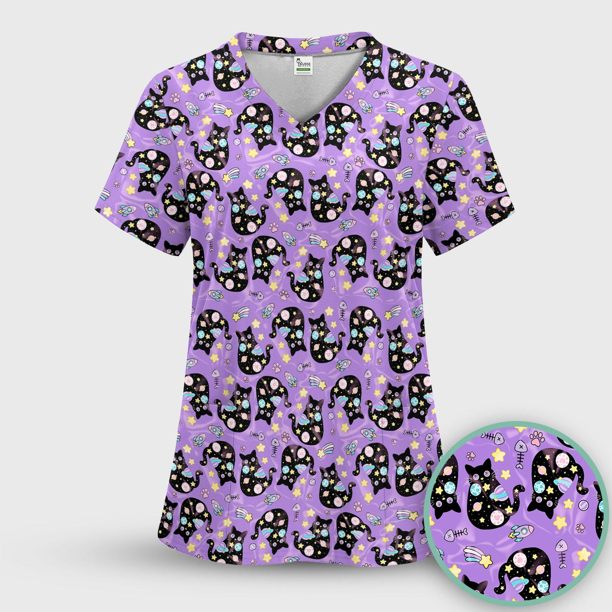 Galaxy Black Cat Space Nurse Scrub Top