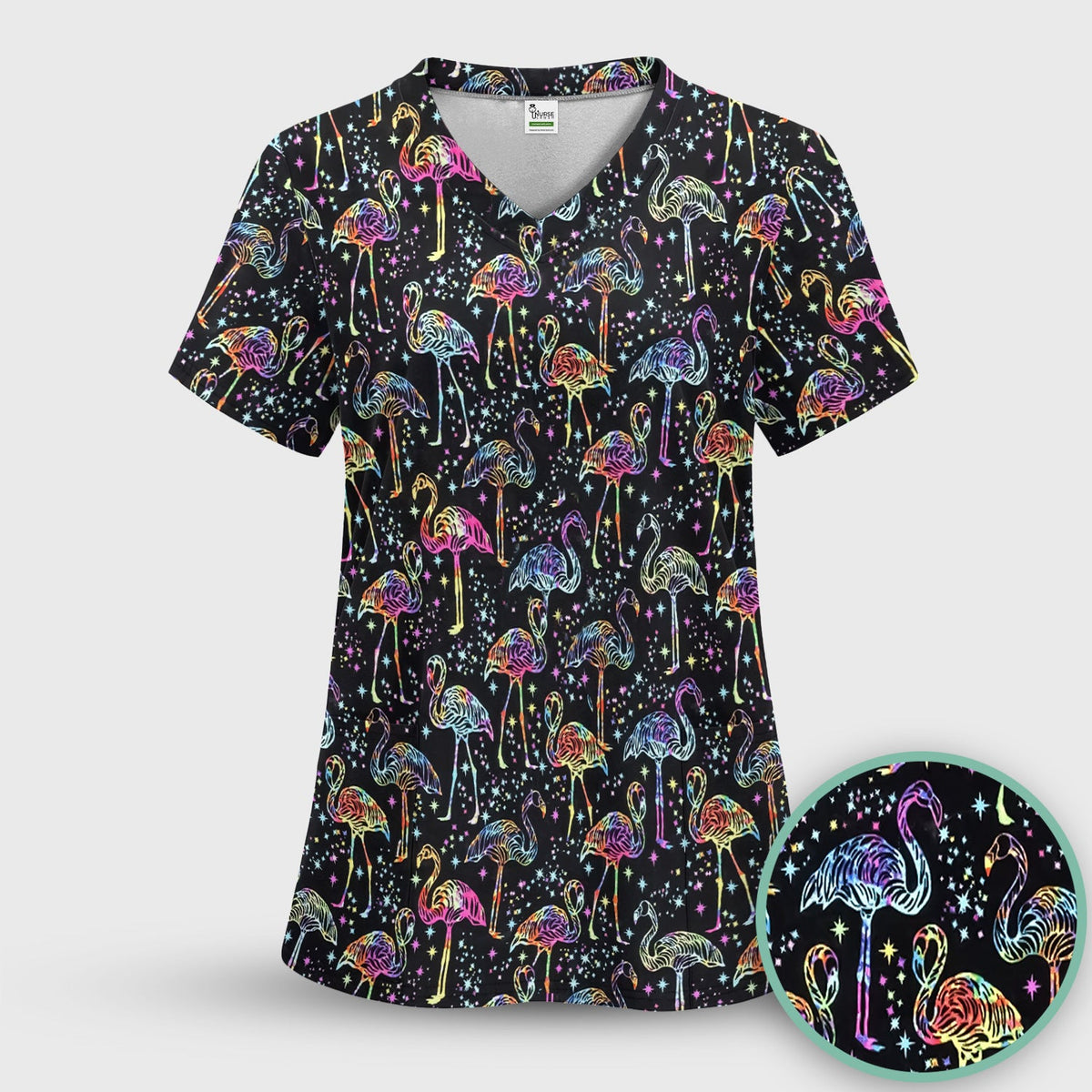 Neon Flamingo Starry Night Nurse Scrub Top
