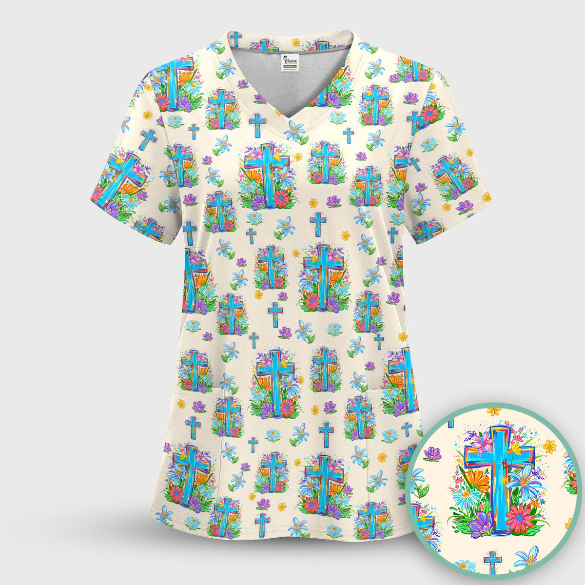 Christian Floral Cross Spring Nurse Scrub Set