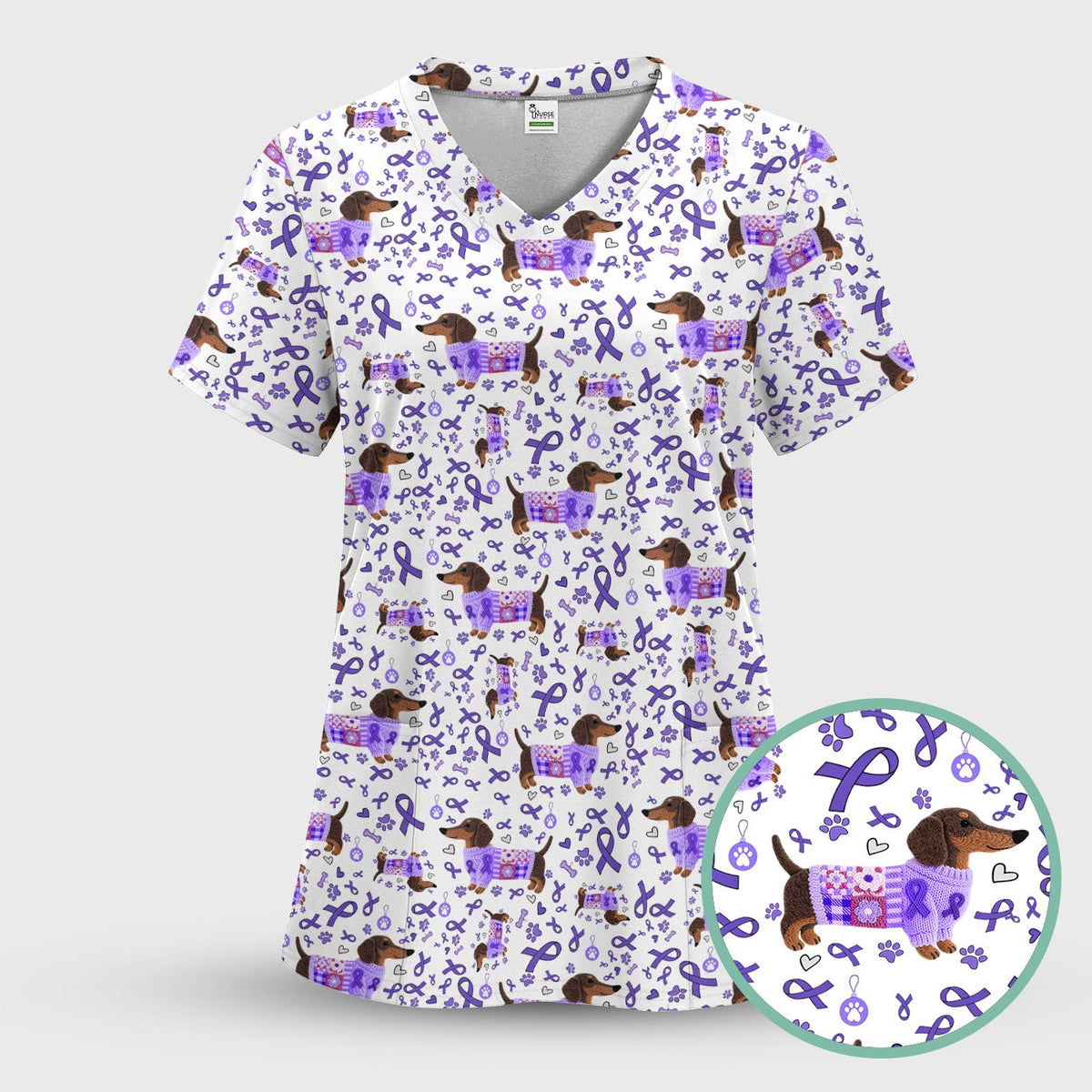 Purple Ribbon Dachshund Nurse Scrub Top