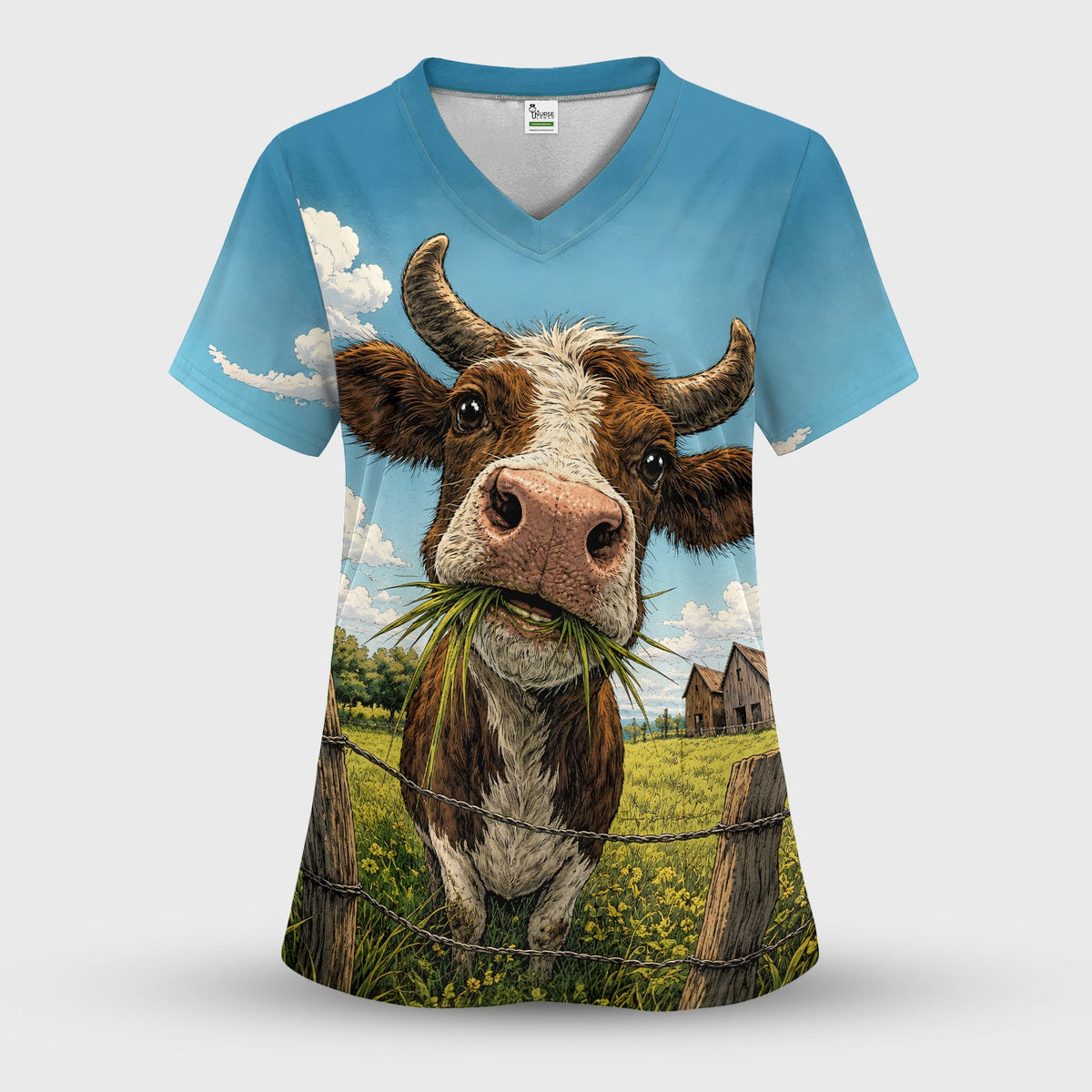 Curious Highland Cow Farm Scene Nurse Scrub Top