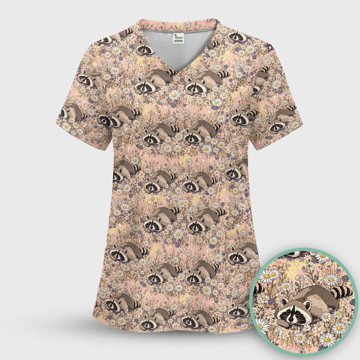 Raccoon Wildflower Meadow Nurse Scrub Top