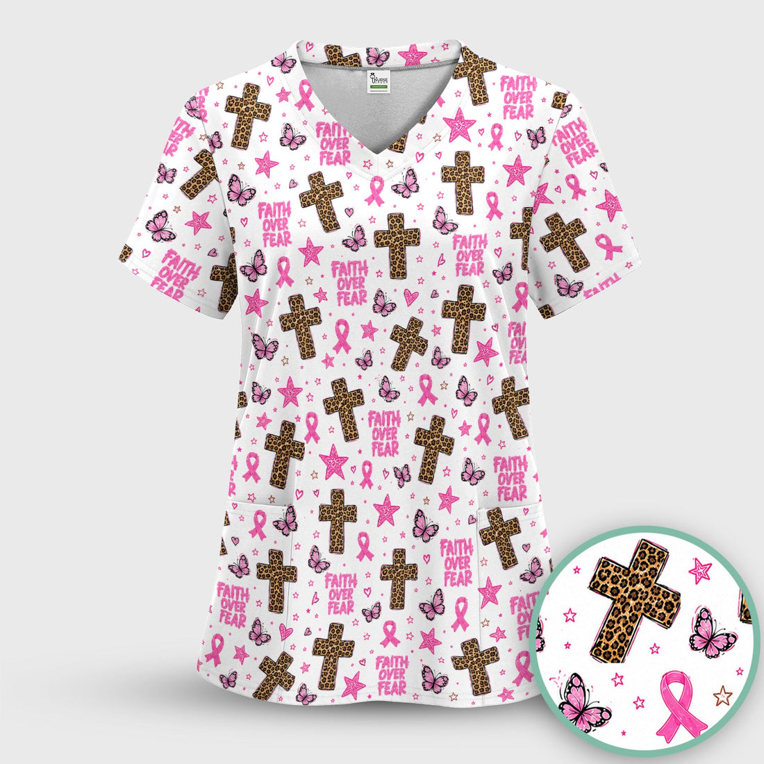 Faith Over Fear Breast Cancer Nurse Scrub Top